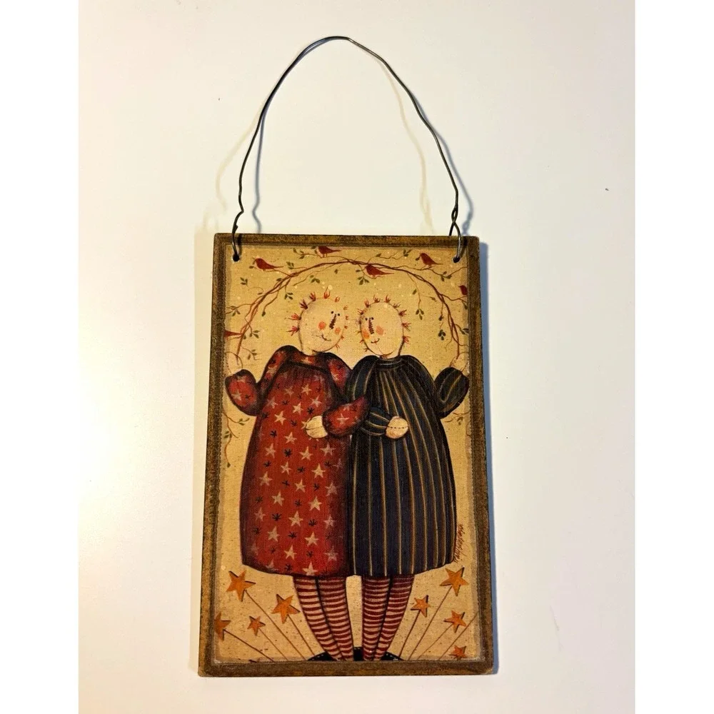 Rustic Folk Art Friends Hanging Wood Plaque Vintage Style Country Wall Decor
